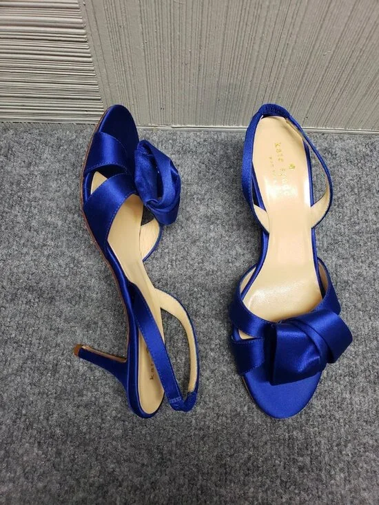Kate Spade New York Women Heel Shoes Blue Satin Slingback Peep Toe Formal - Picture 7 of 16